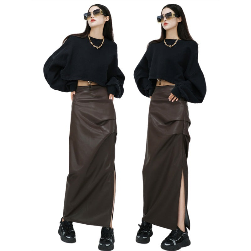 Real shot of autumn high-waist pleated slit hip-covering slimming A-line medium-length half-length leather skirt for women extended version