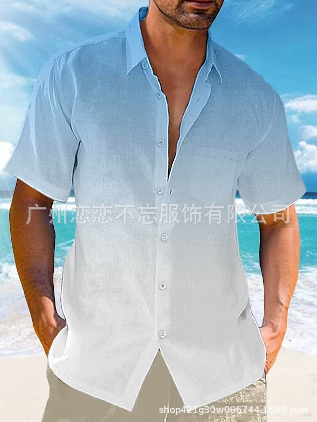2024 Amazon eBay hot selling summer lapel gradient print short sleeve button linen shirt men's wear