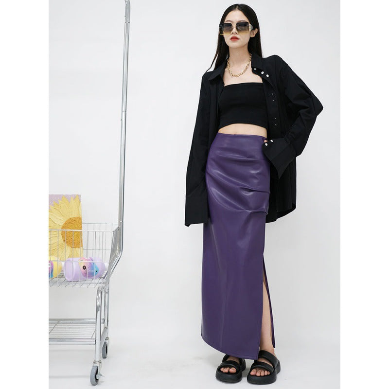 Real shot of autumn high-waist pleated slit hip-covering slimming A-line medium-length half-length leather skirt for women extended version