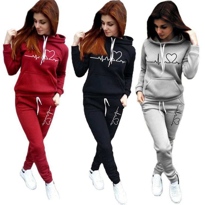 2021 autumn and winter new women's eBay AliExpress wish European and American fashion love printed fleece sports suit women