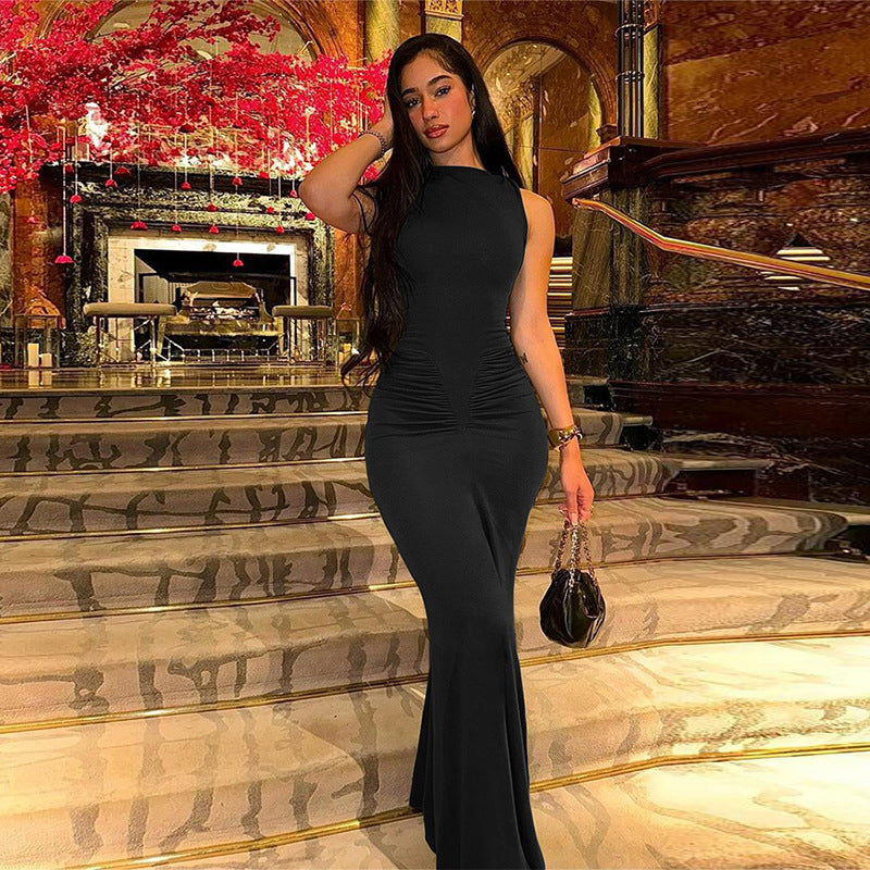 European and American style 2024 spring new style trend temperament commuting solid color pleated high waist hip-wrapped slim fit dress long skirt for women