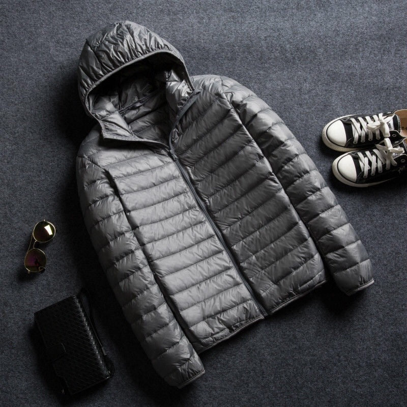 Foreign trade men's light down padded jacket men's winter Korean version slim hooded stand-up collar solid color warm padded jacket men