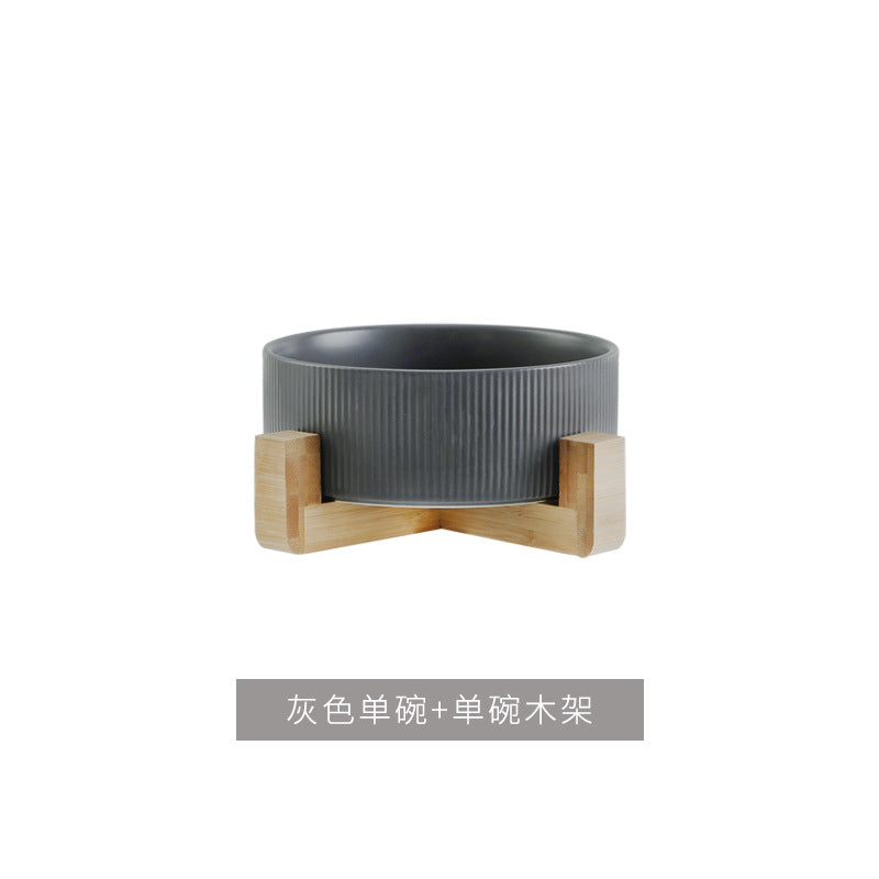 Ceramic pet bowl, simple cat and dog integrated wooden frame, double bowl, cat food bowl, anti-knock drinking bowl, cross-border wholesale