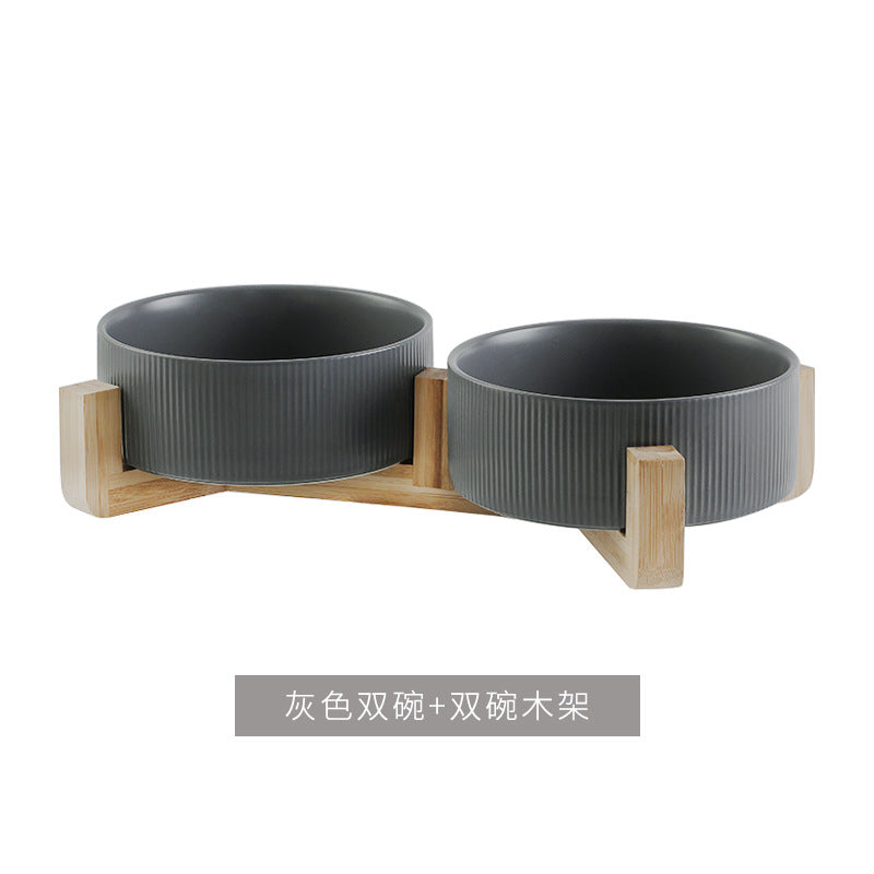Ceramic pet bowl, simple cat and dog integrated wooden frame, double bowl, cat food bowl, anti-knock drinking bowl, cross-border wholesale