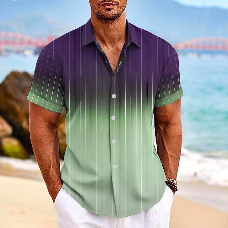 Cross-border men's shirt linen shirt gradient pattern printing outdoor street short-sleeved fashion casual shirt