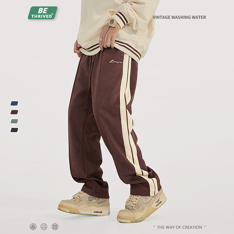 BE Men's Wear | 2023 Autumn and Winter Suede Side Web Embroidered Trousers American Classic Versatile Straight Casual Pants