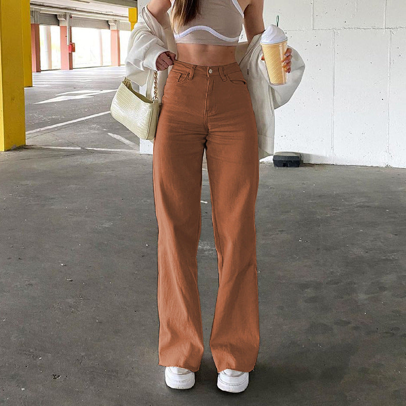 European and American style 2021 new solid color jeans women drape loose and thin high-waist straight-leg pants women casual trousers