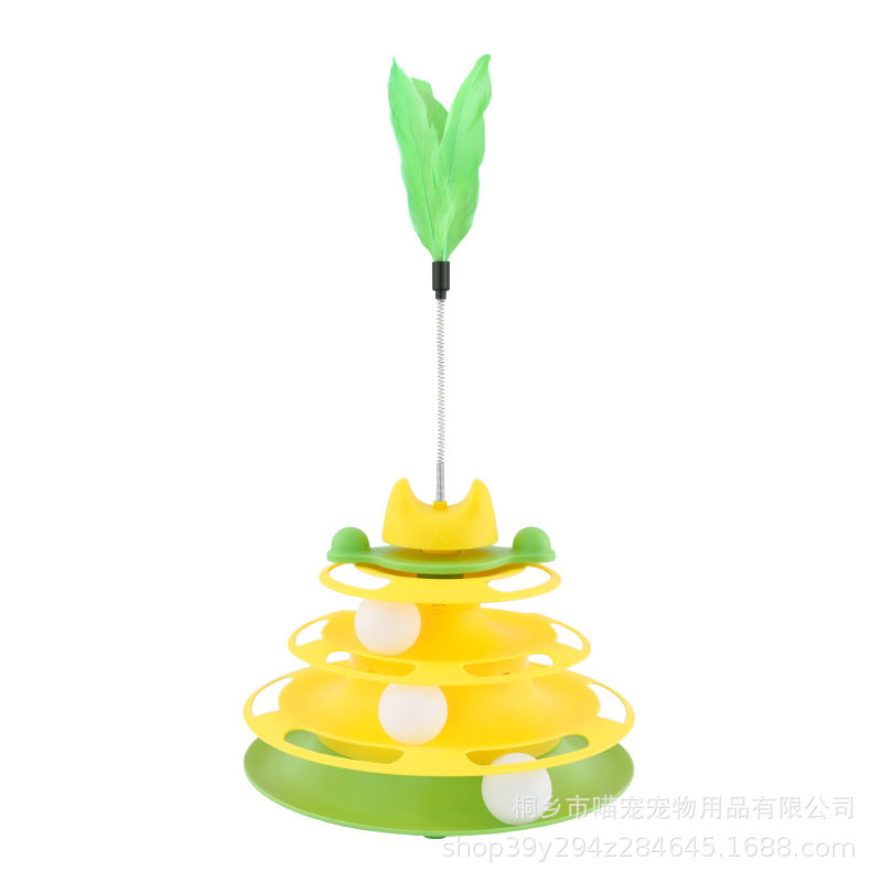 Cross-border new cat toy four-story track amusement ride with funny cat stick space tower turntable interactive toy pet