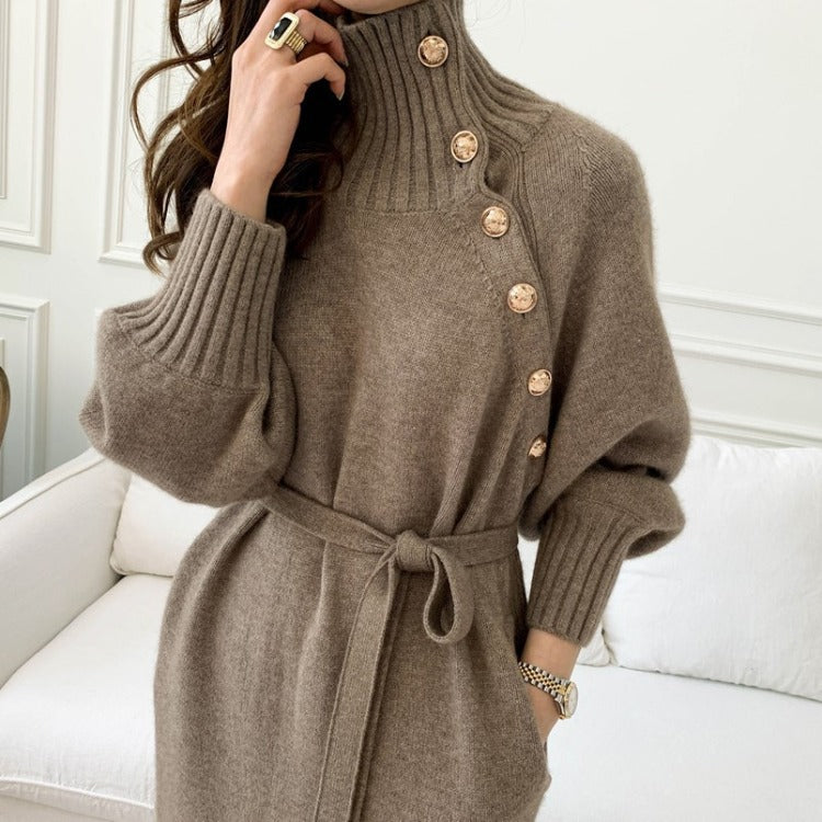 Japanese and Korean lace-up waist knitted dress 2021 autumn and winter new loose and thin all-match turtleneck long sweater women