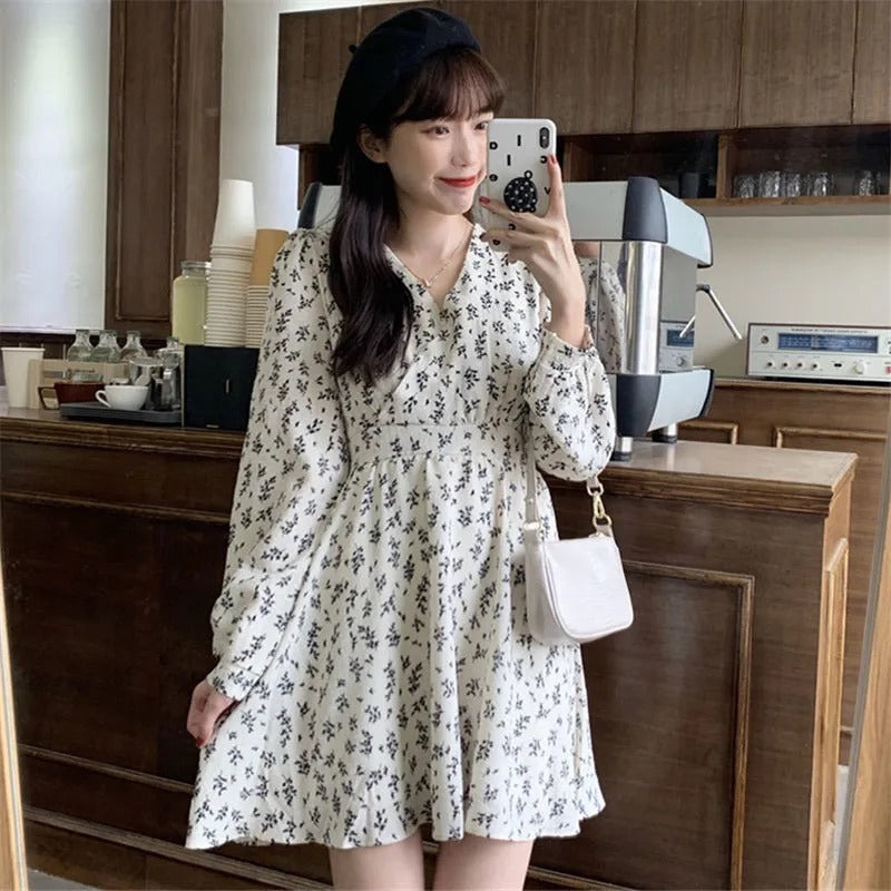 Cross-border Amazon 2022 spring and summer new pastoral V-neck temperament high waist loose and thin floral long-sleeved dress