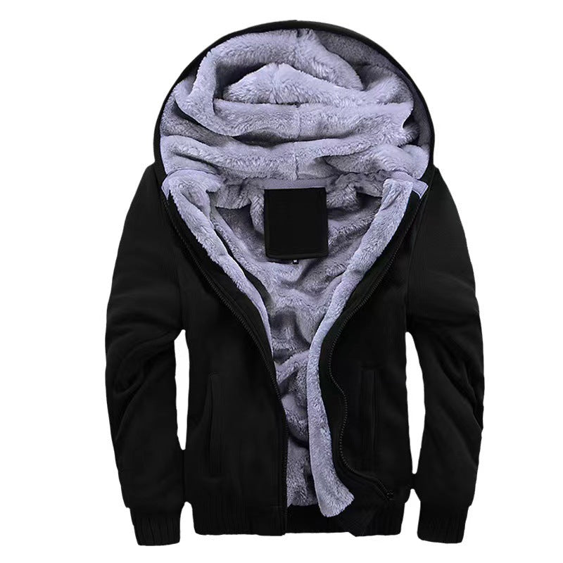 Autumn and winter men's light version solid color hooded plus velvet thickened cardigan jacket youth 2023 new warm tops