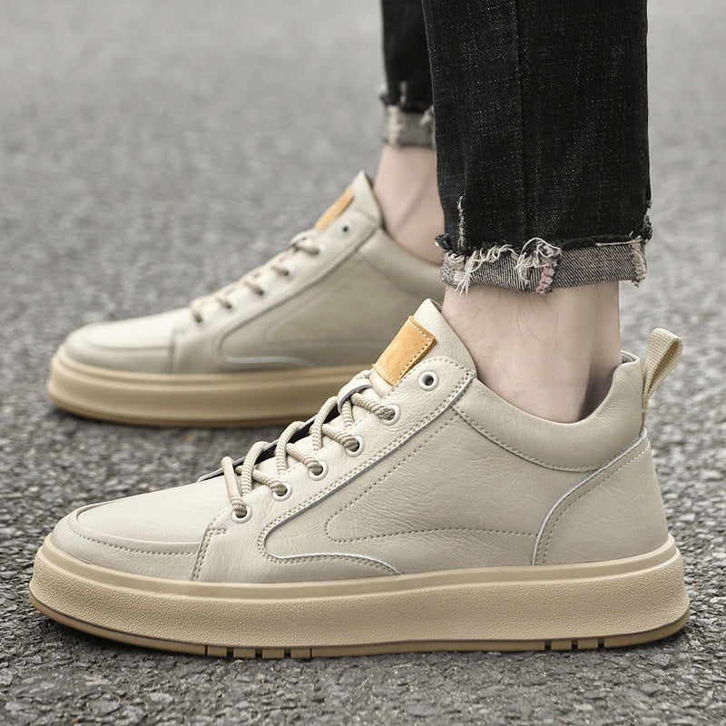 Two-layer cowhide men's shoes autumn new flat-heel soft-soled shoes trendy all-match breathable genuine leather casual leather shoes beige