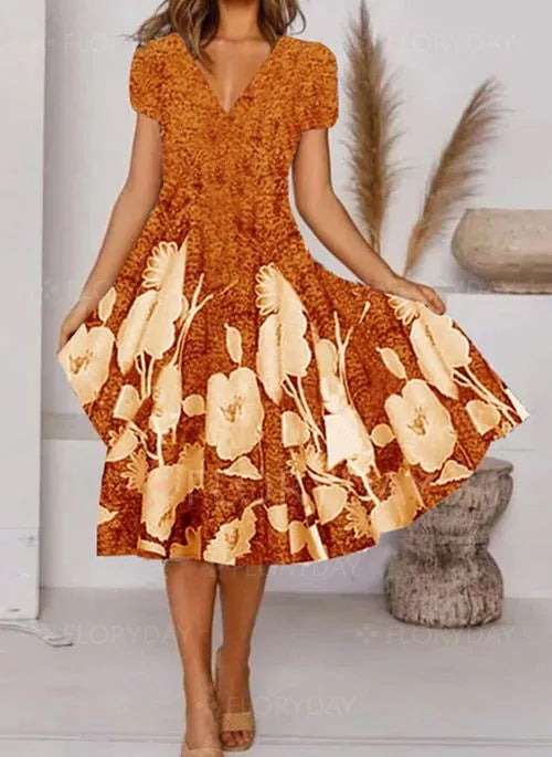 European and American cross-border women's clothing AliExpress Amazon independent station personalized flower printing V-neck short-sleeved dress