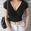 AliExpress Ebay Summer Solid Color V-Neck T-Shirt Women's Short Sleeve Sexy Navel Ladies Casual Top Wish