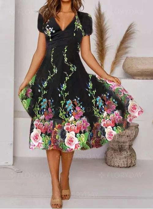 European and American cross-border women's clothing AliExpress Amazon independent station personalized flower printing V-neck short-sleeved dress