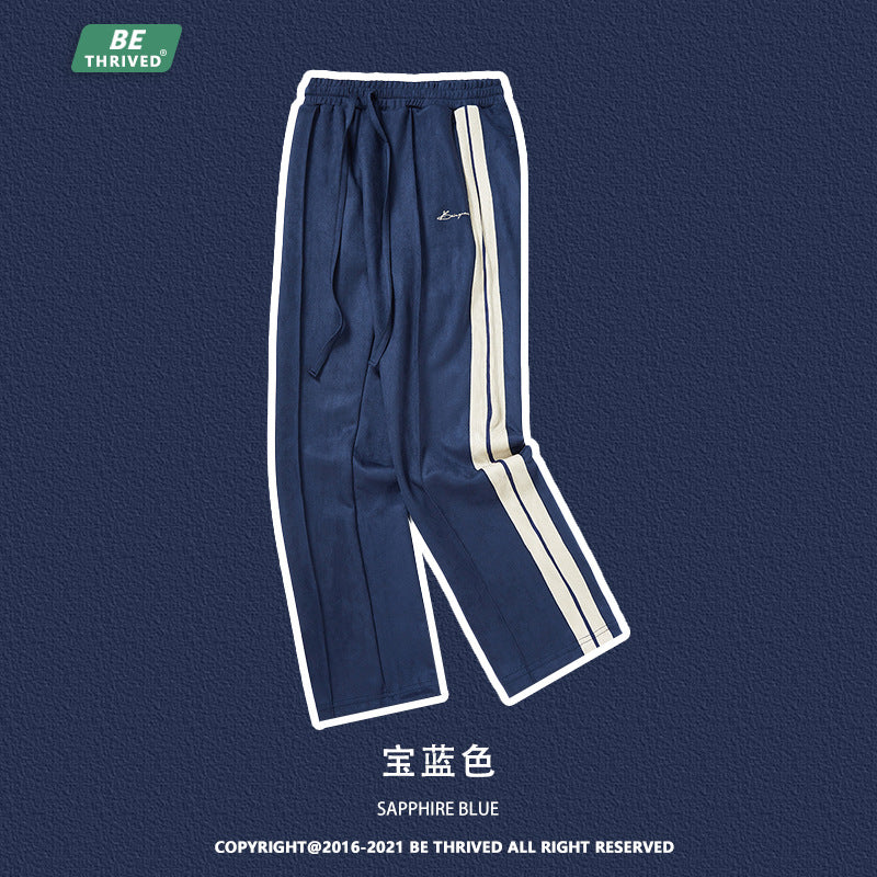 BE Men's Wear | 2023 Autumn and Winter Suede Side Web Embroidered Trousers American Classic Versatile Straight Casual Pants