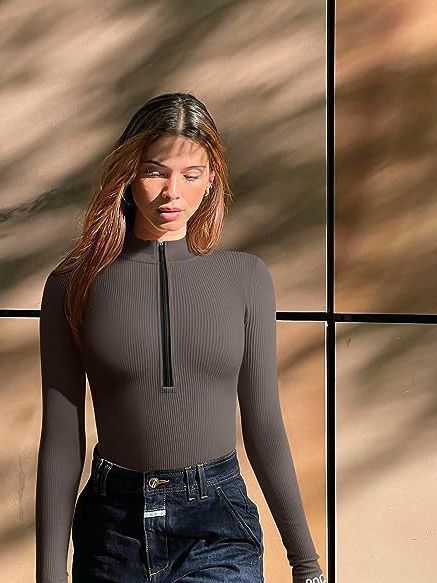 European and American cross-border Amazon 2023 long-sleeved jumpsuit sexy ribbed one-piece front zipper long-sleeved top jumpsuit