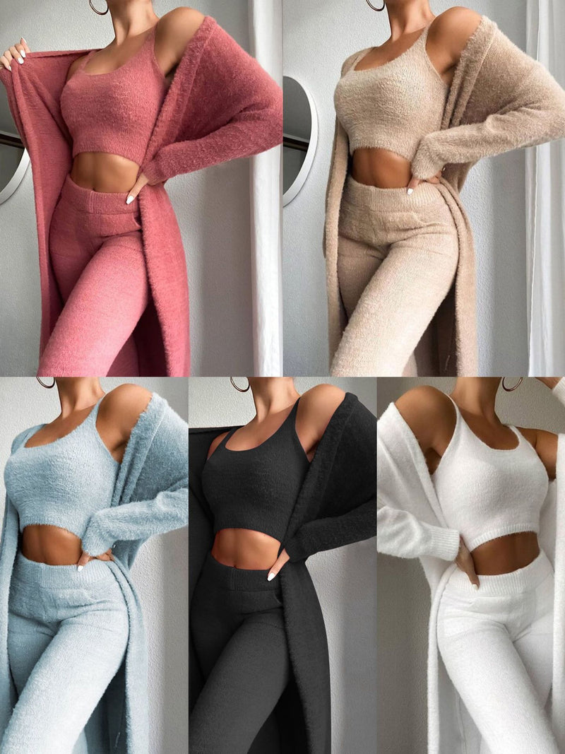 Spot real shot! European and American new sexy V-neck plush short vest and trousers three-piece suit women