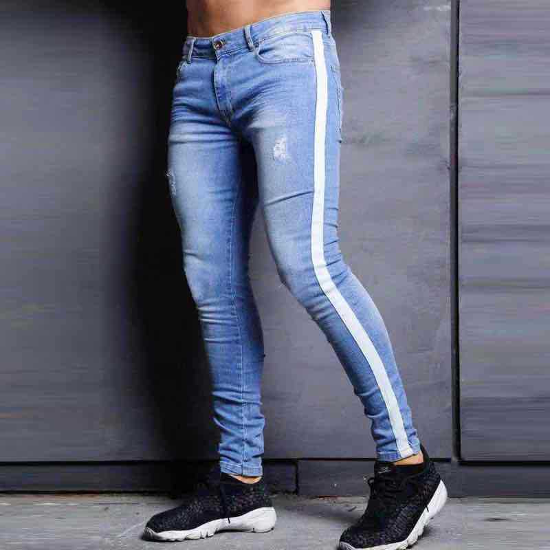 European and American fashion small-footed jeans men wish new trendy knee-holes explosive denim small-footed pants