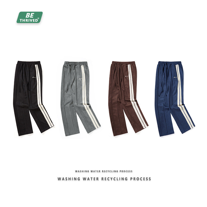 BE Men's Wear | 2023 Autumn and Winter Suede Side Web Embroidered Trousers American Classic Versatile Straight Casual Pants