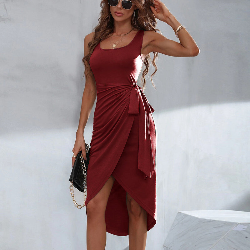 Amazon European and American clothing 2023 cross-border new square neck strap irregular hem suspender dress mid-skirt