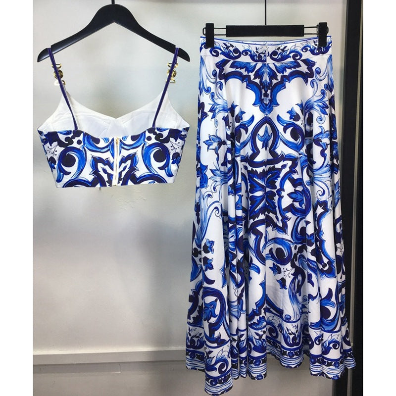 Foreign trade women's blue and white porcelain printed halter top, half-length skirt, sexy suit, summer new style, European and American cross-border