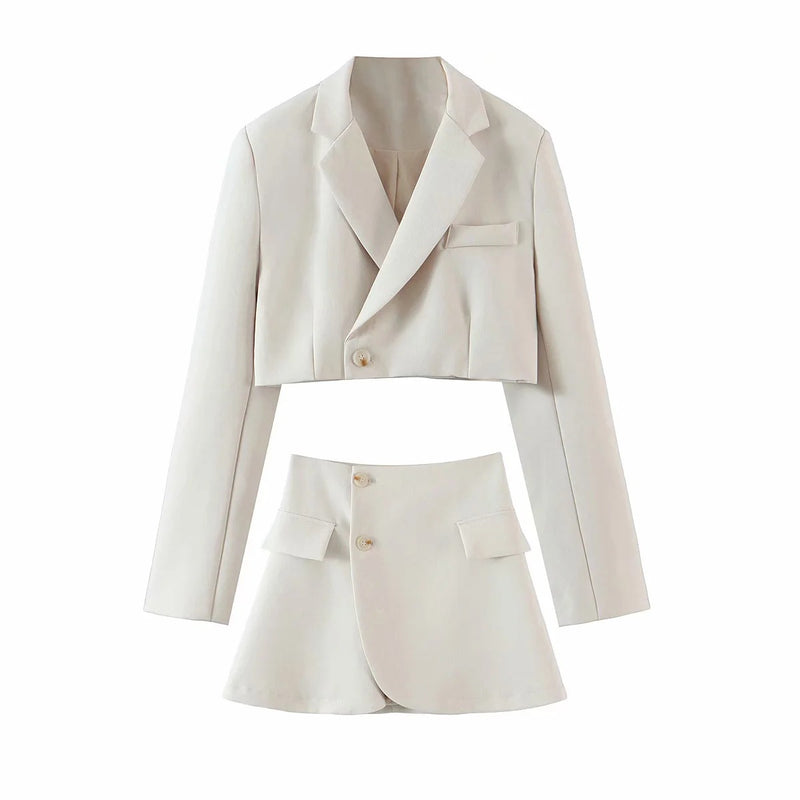 ins fashion casual suit suit female 2021 spring new oblique button short suit jacket + high waist pocket skirt