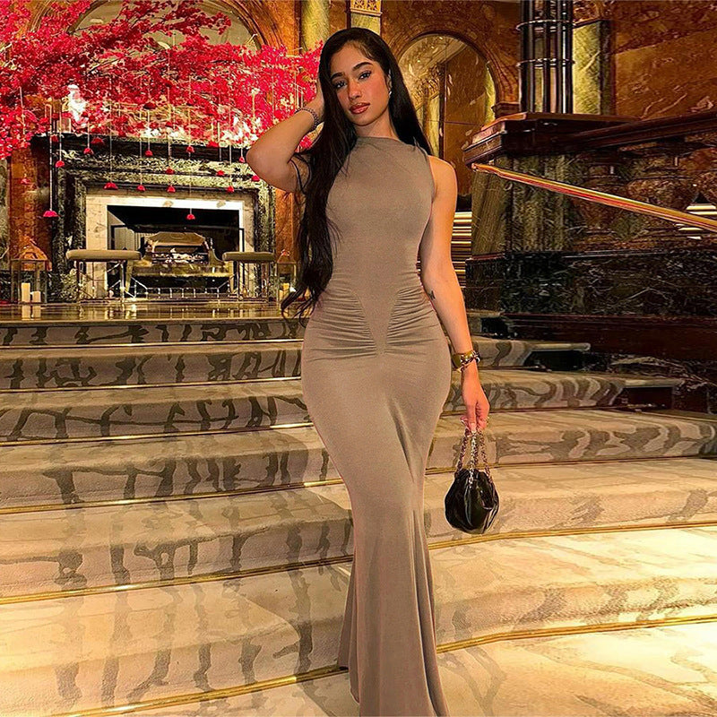 European and American style 2024 spring new style trend temperament commuting solid color pleated high waist hip-wrapped slim fit dress long skirt for women