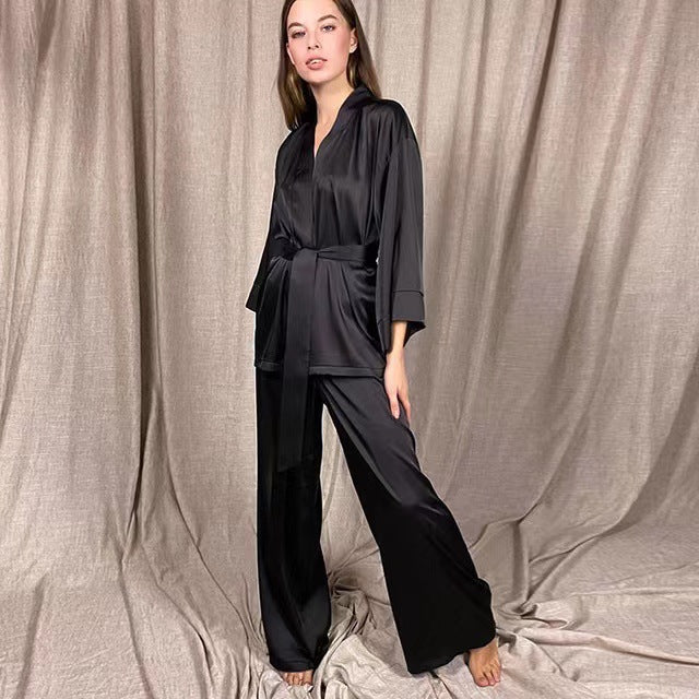 European and American foreign trade sexy lingerie, women's nightgown, sexy home pajamas, stretch satin top and pants two-piece set