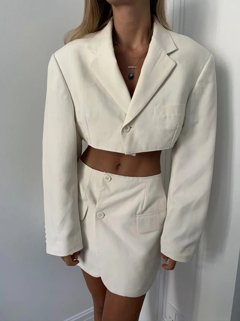 ins fashion casual suit suit female 2021 spring new oblique button short suit jacket + high waist pocket skirt