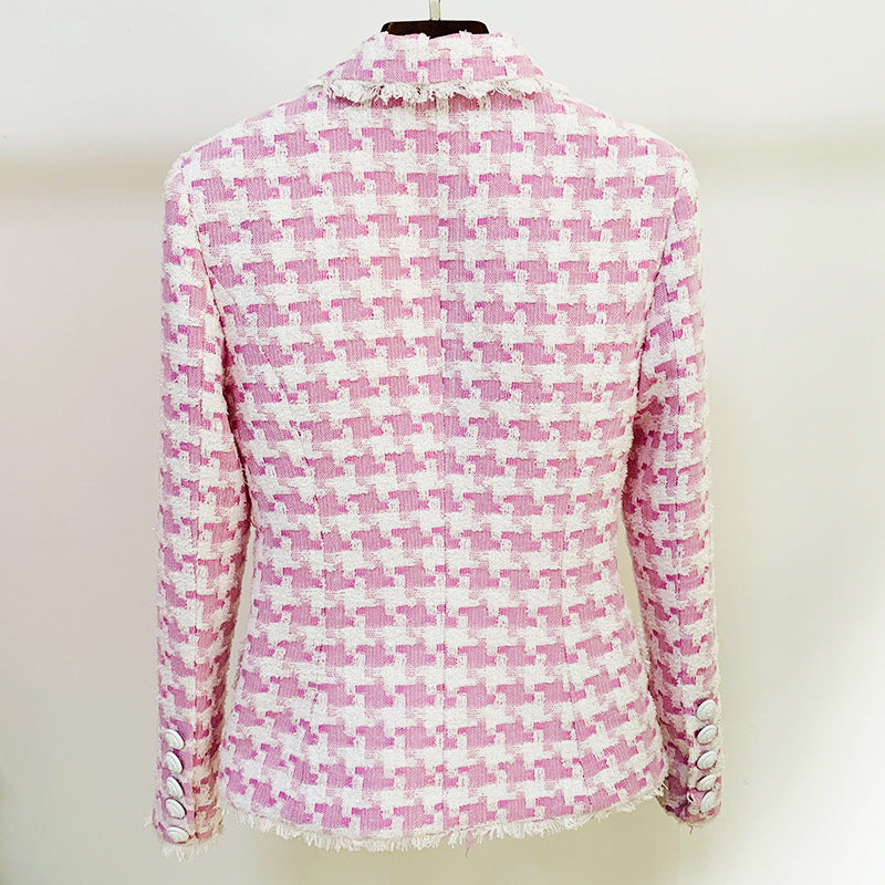 Spot 2022 new temperament women's jacket lion buckle houndstooth woolen loose beard edge slim suit jacket