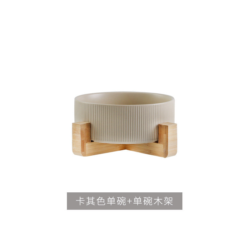 Ceramic pet bowl, simple cat and dog integrated wooden frame, double bowl, cat food bowl, anti-knock drinking bowl, cross-border wholesale