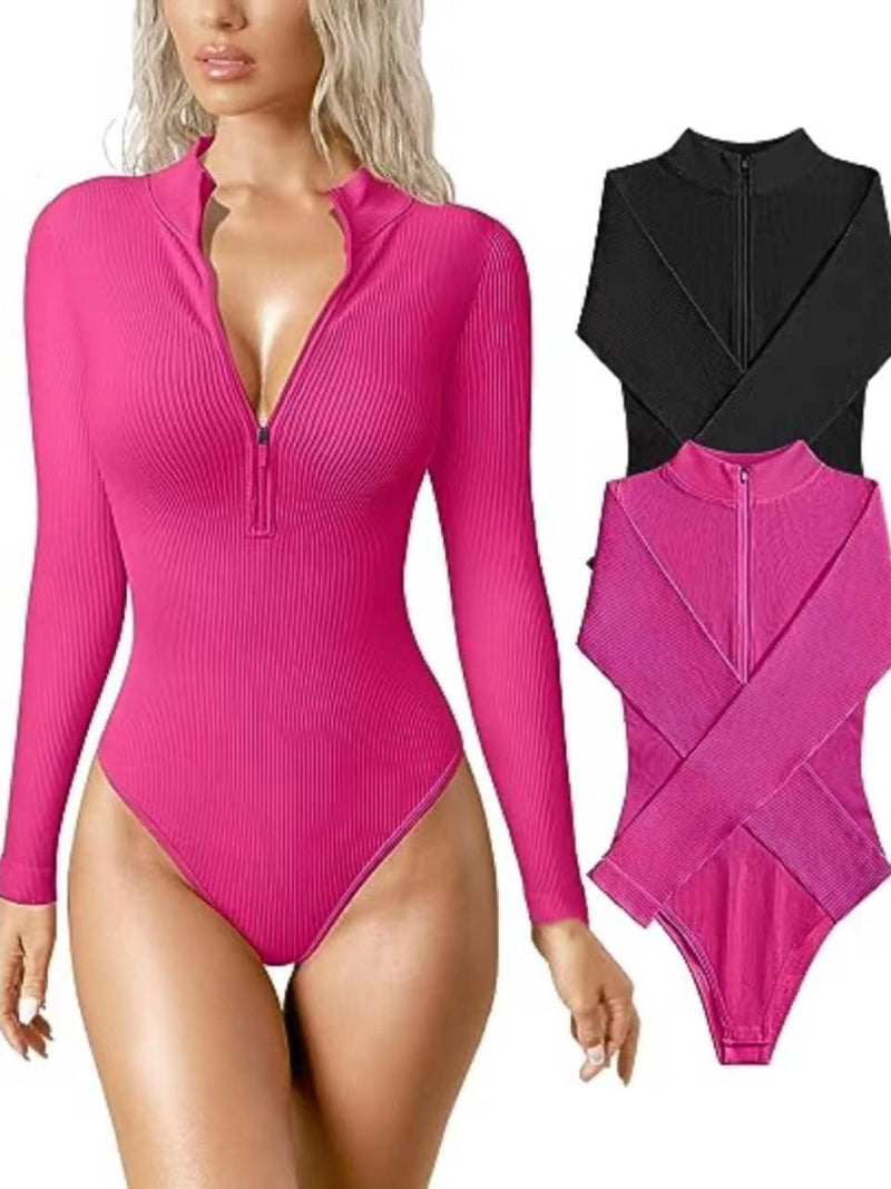 European and American cross-border Amazon 2023 long-sleeved jumpsuit sexy ribbed one-piece front zipper long-sleeved top jumpsuit