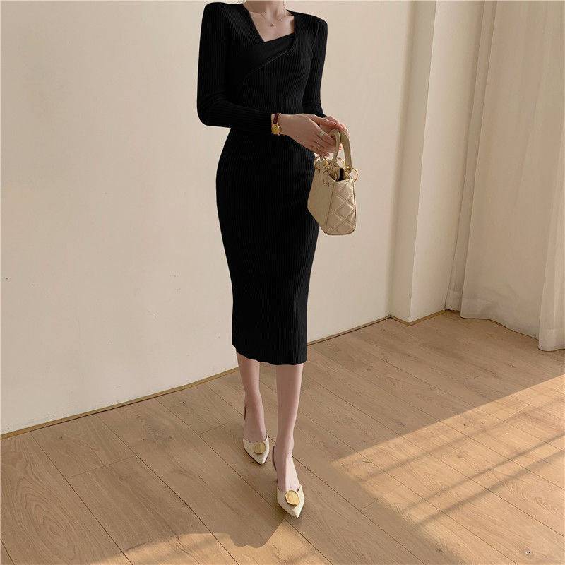 Knitted dress, French style, retro with coat, long skirt, feminine, sexy, tight-fitting bag, knitting on the hip