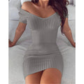 Sexy waisted temperament V-neck solid color slim short-sleeved dress with hip pits