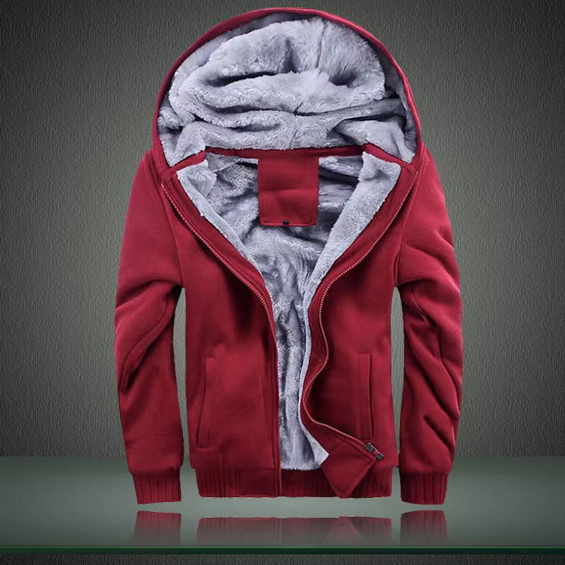 Autumn and winter men's light version solid color hooded plus velvet thickened cardigan jacket youth 2023 new warm tops