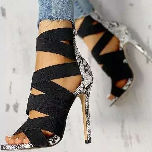 High-heeled shoes women's summer European and American Roman style super high-heeled stiletto elastic belt bag heel and back zipper sandals wholesale
