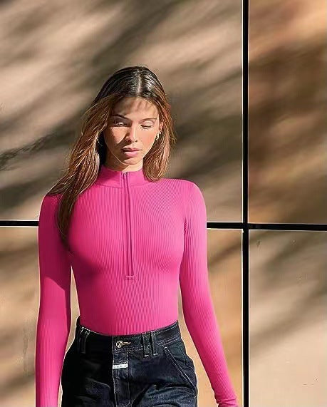 European and American cross-border Amazon 2023 long-sleeved jumpsuit sexy ribbed one-piece front zipper long-sleeved top jumpsuit