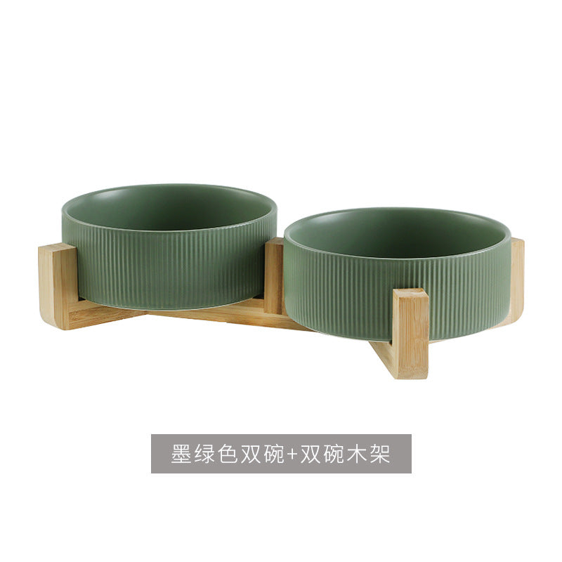 Ceramic pet bowl, simple cat and dog integrated wooden frame, double bowl, cat food bowl, anti-knock drinking bowl, cross-border wholesale