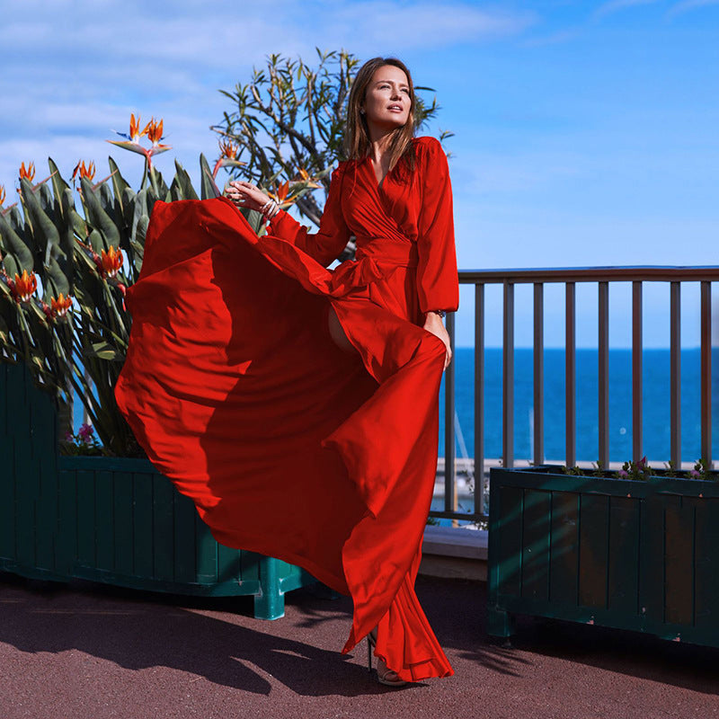 European and American new 2023 Amazon wish bohemian deep V-neck dress with slits and wide swing dress for women
