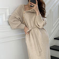 Japanese and Korean lace-up waist knitted dress 2021 autumn and winter new loose and thin all-match turtleneck long sweater women