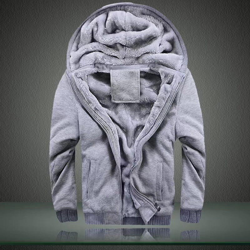 Autumn and winter men's light version solid color hooded plus velvet thickened cardigan jacket youth 2023 new warm tops