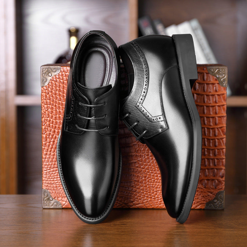 Business formal leather shoes men's pointed toe British casual shoes genuine leather inner height increase versatile trendy wedding shoes men's soft sole