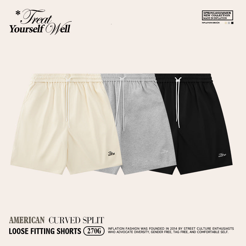 INF Men's Clothing | American Curved Slit Loose Shorts 2023 Summer New Arrival Letter Embroidery Personalized Quarter Pants Men