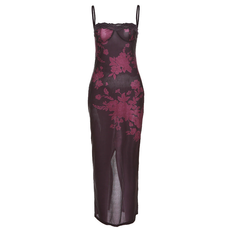 European and American style 2023 spring and summer new women's clothing sexy sling lace slim fit bag hip print retro dress long skirt
