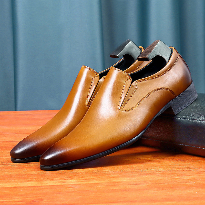 Pointed leather shoes men's business formal genuine leather first layer leather slip-on casual shoes brown British lazy loafers