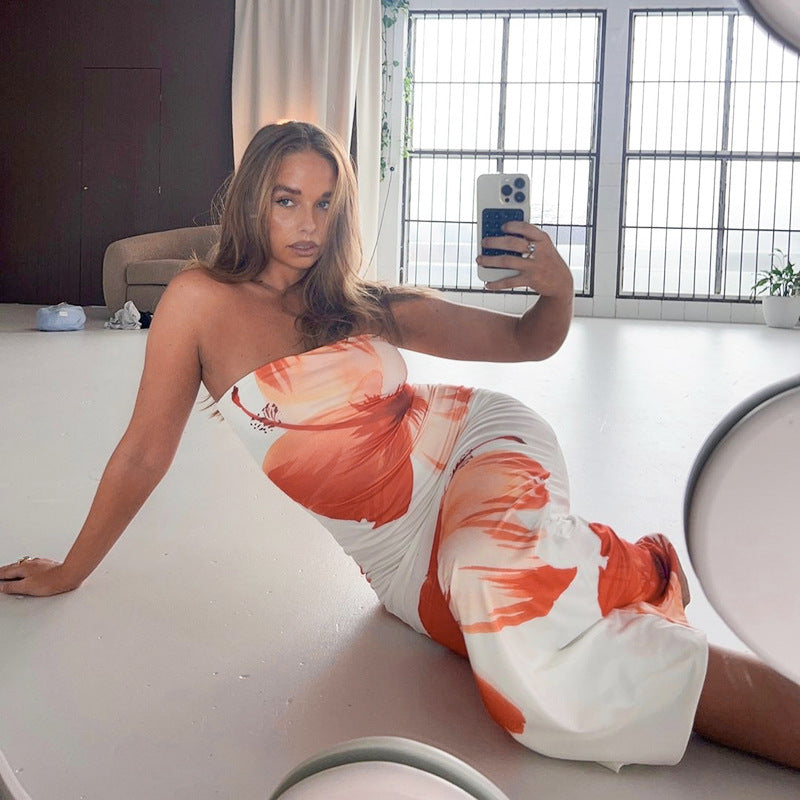 European and American cross-border women's summer new print sexy tube top waist hip dress children's fashion high-end