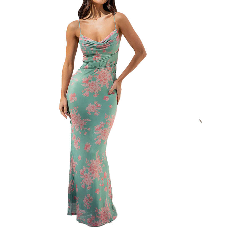 Foreign trade 2024 summer new European and American women's clothing strappy long skirt floral slim hip-wrapped printed suspender dress female