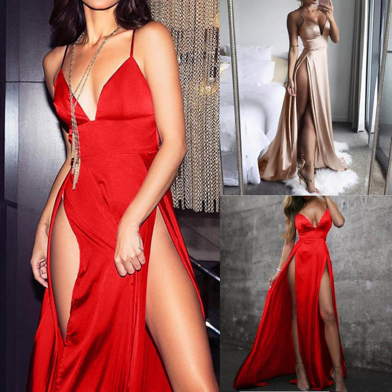 Summer forged suspenders deep V-neck backless official picture solid color slit mid-waist long skirt temperament commuter women's clothing