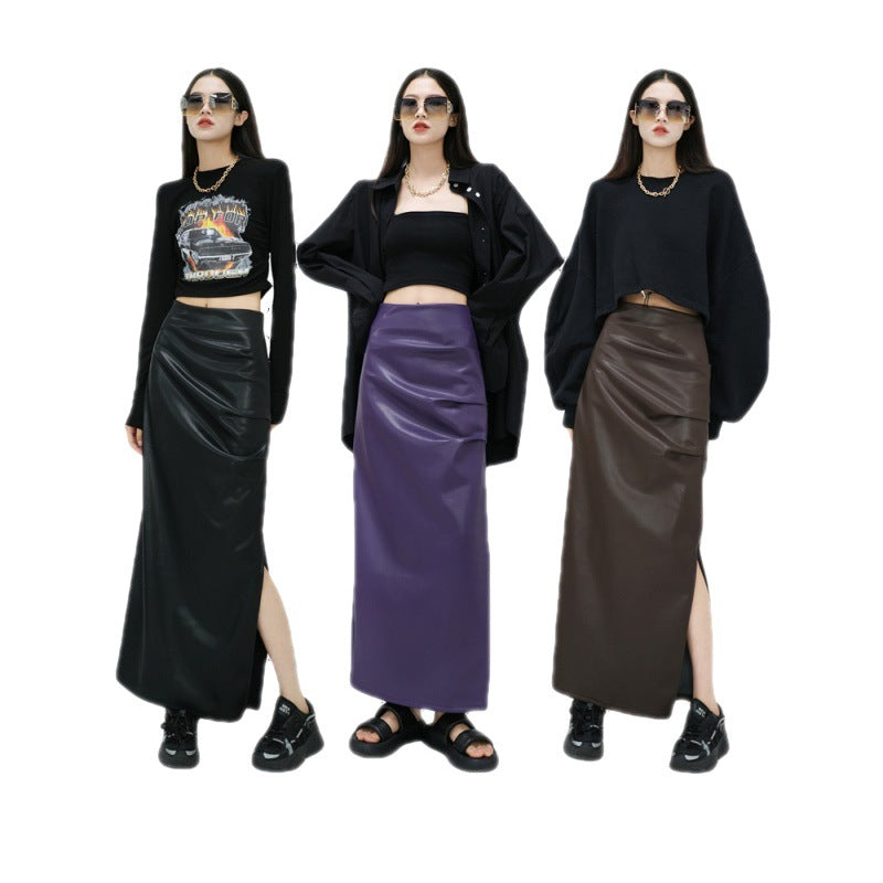 Real shot of autumn high-waist pleated slit hip-covering slimming A-line medium-length half-length leather skirt for women extended version